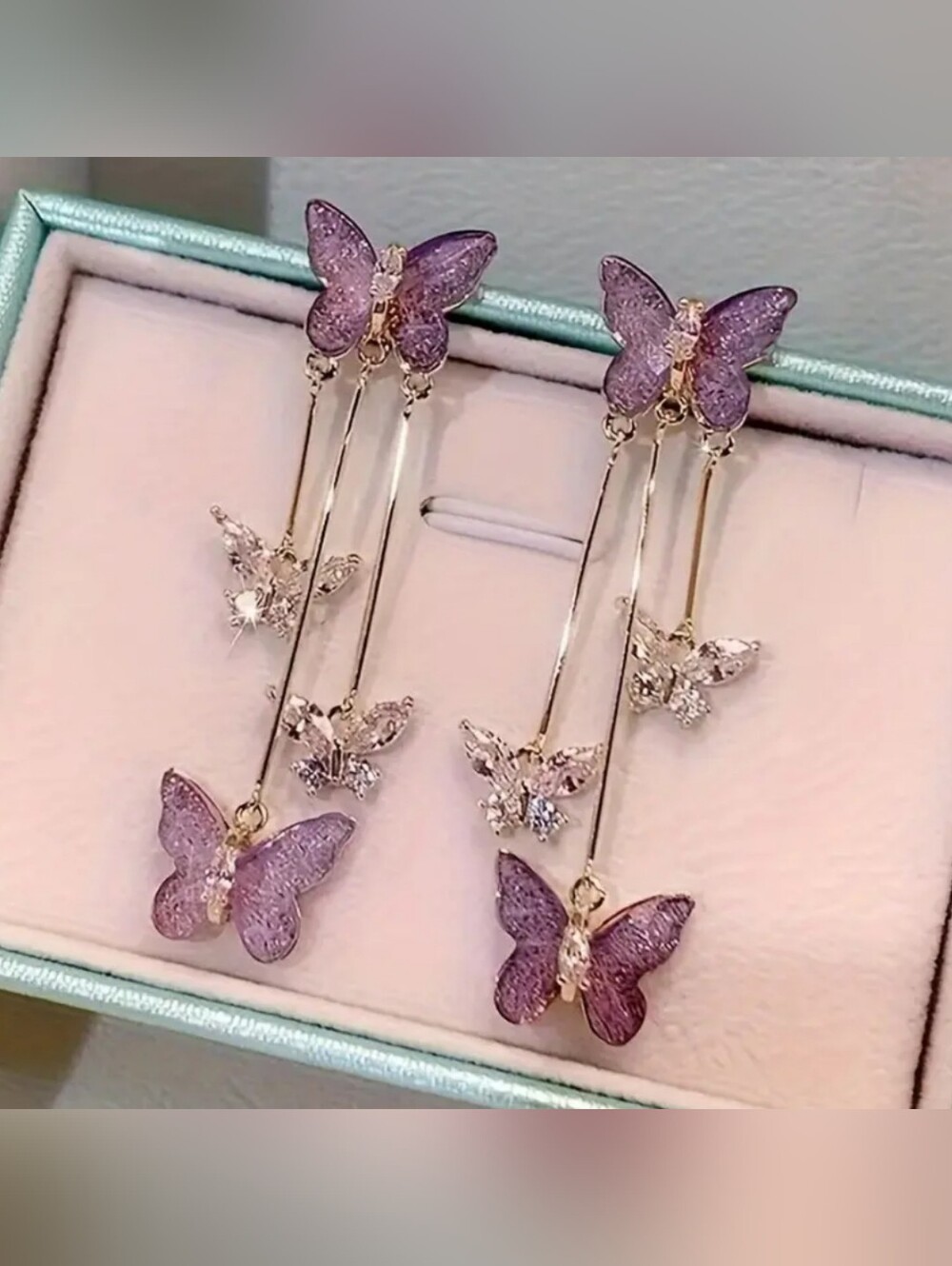 Beautiful Purple Butterfly Rhinestone Tassel Dangle Earrings NWT